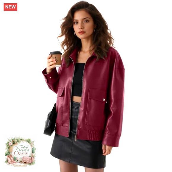 Oversized Faux Leather Motorcycle Jacket Biker Bomber Y2K Trendy Outerwear - Picture 3 of 6